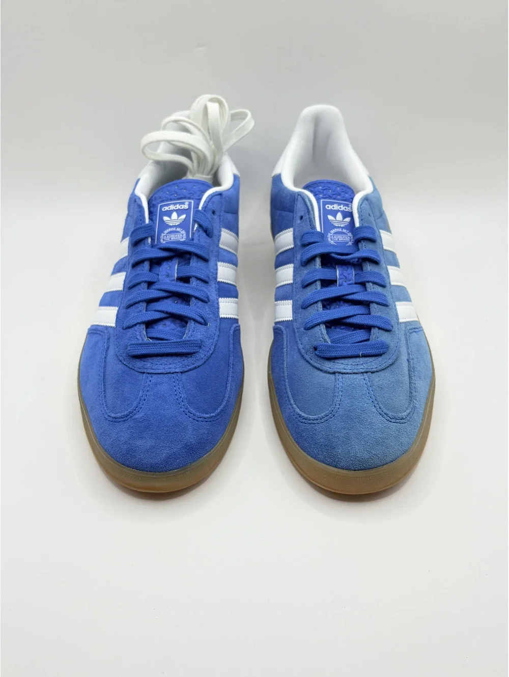 Adidas Gazelle Indoor Blue Suede Sneakers Size 10.5 with White Stripes and Gum S